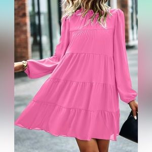 XL Long Sleeve Ruffle Mock Neck  Dress Casual Flowy Swing Tunic Shift Dress
